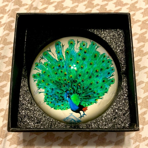 NWOT. World Buyers peacock under glass paper weight or table/desk decor. - Picture 1 of 4